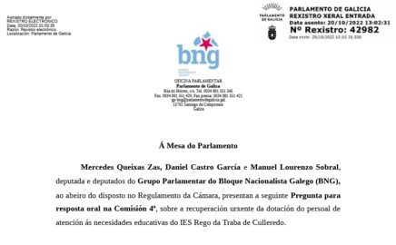 Pregunta para a resposta oral na Comisi&oacute;n de Educaci&oacute;n sobre a reposici&oacute;n urxente cuidadores no IES Rego de Trabe