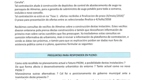 Preguntas polos dep&oacute;sitos de auga en Almeiras